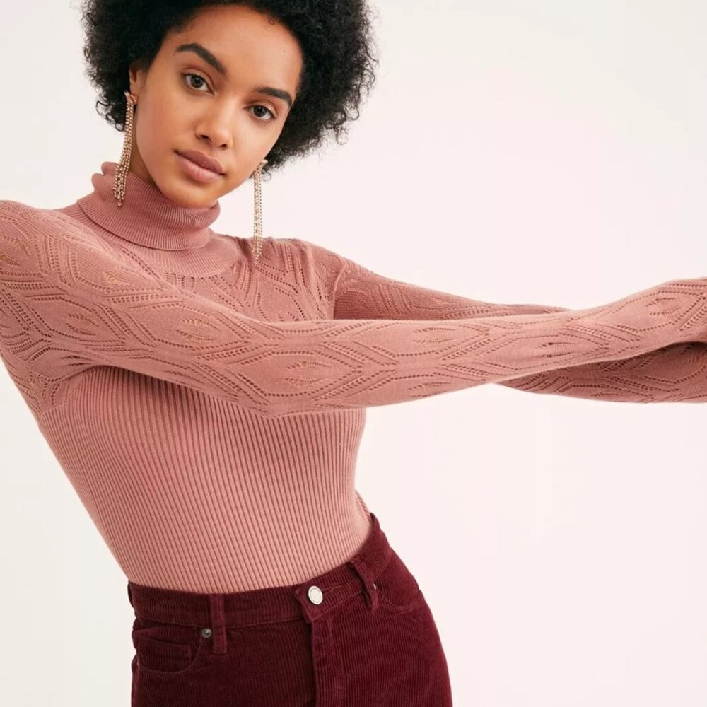 031 Free People Pretty in Pointelle Knit Ribbed Turtleneck Bodysuit - Picture 4 of 4